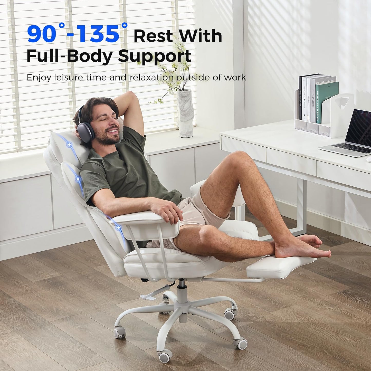 amseatec Big and Tall Office Desk Chair - Wide Ergonomic Executive with Footrest, High Back Lumbar Support Reclining Gaming Computer Chair for Heavy People (White)