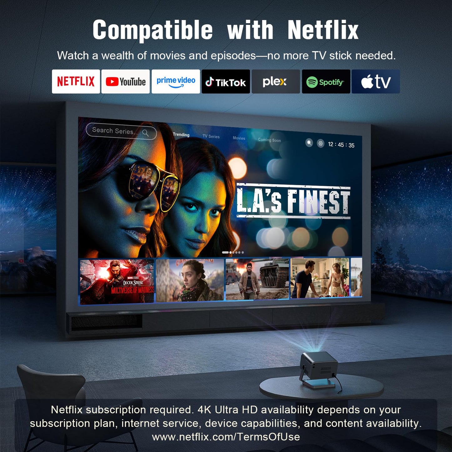 [3000 ANSI & Officially-Licensed APP]4K Projector with WiFi and Bluetooth, Auto Focus Keystone & Dolby Audio, Smart Outdoor Projector with Adjustable Stand for Home Theater Bedroom Ceiling(Cyan)