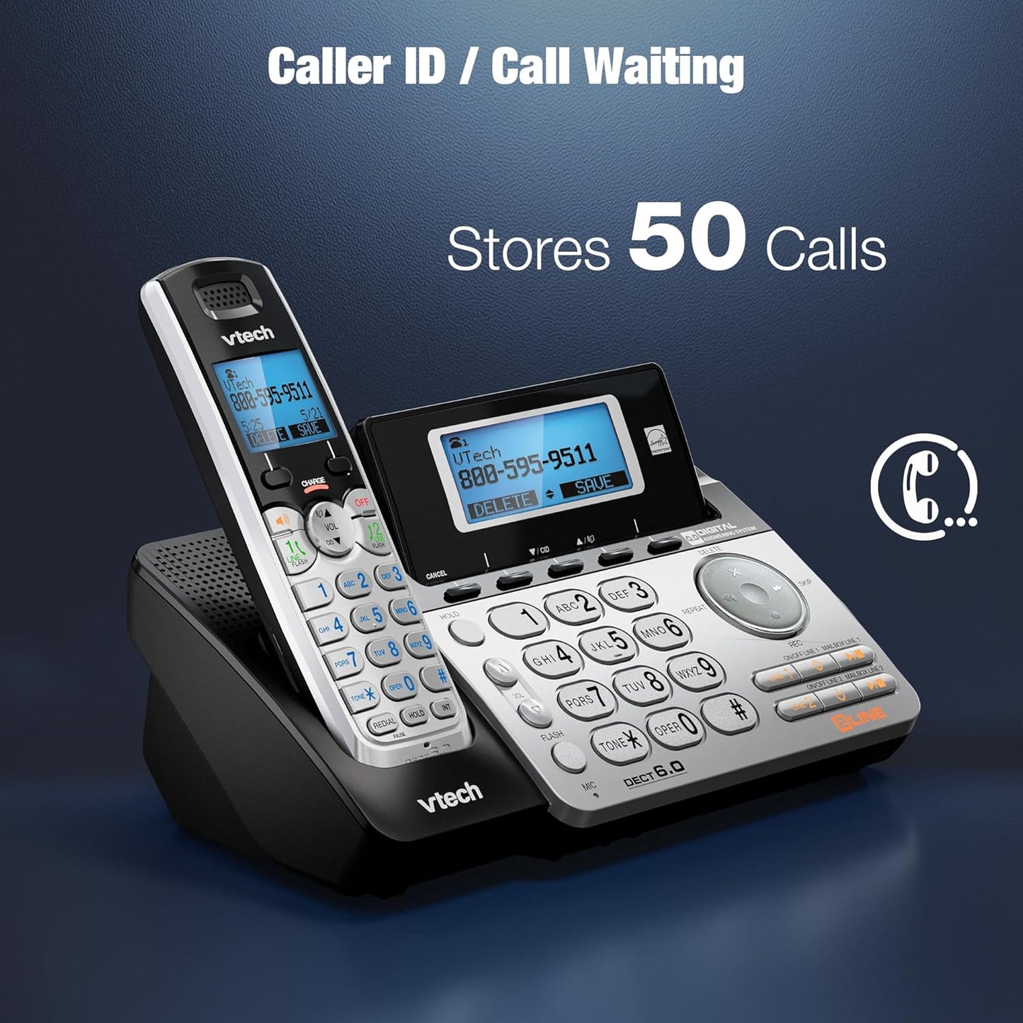 VTech 2-Line Cordless Phone - Home & Business Use with Answering System | Caller ID, Intercom, Hearing Aid Compatible (Black/Silver)