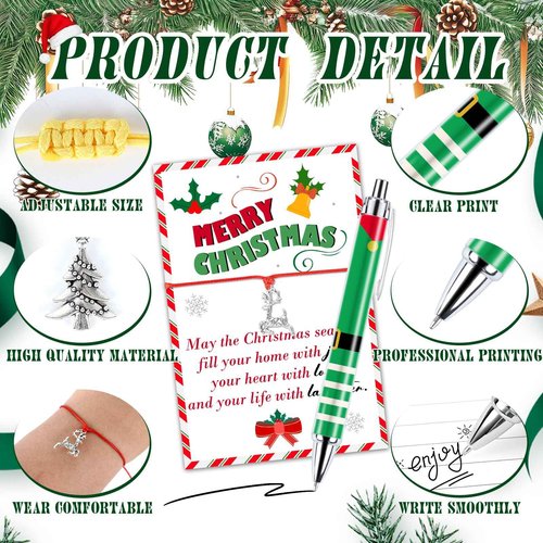 96 Sets Christmas Gift Bulk for Adults Christmas Pens Christmas tree Reindeer Gingerbread Man Bracelets with Organza Bags Information Card For Xmas Tree Decoration Office Home Party Gift Supplies