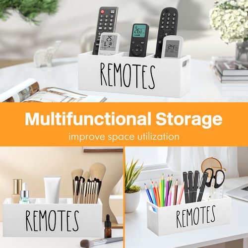Remote Holder for Table, 3 Slots Wooden TV Remote Control Holder, Bedside Remote Control Storage Organizer - 10" x 3.3" x 3.3" White