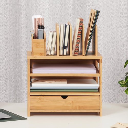 Homde Bamboo Desk Organizer with Drawer and File Holder, Office Organization for Desks with Adjustable Pen Holding, Desktop Letter Paper Tray Storage for Workplace Home School (Natural, L)