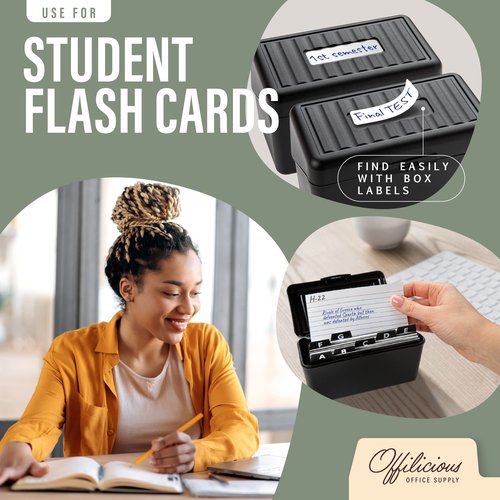 OFFILICIOUS Business Card Organizer 3x5 - Premium Index Card Holder Box for Flashcards, Notecards, Recipes - Recipe Box with Cards & Dividers, Labels, Stickers
