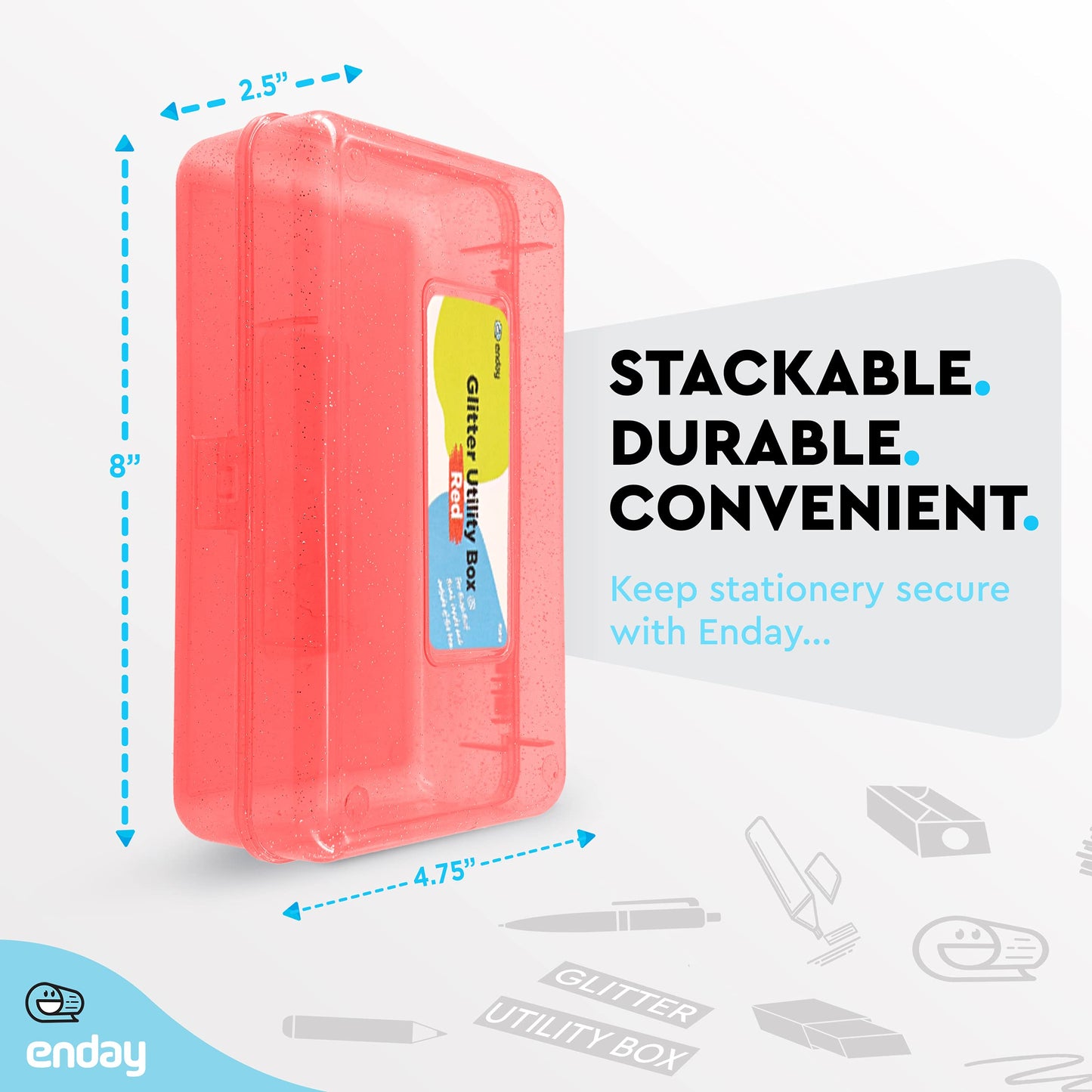 Enday Plastic Pencil Box with Snap Closure Lids Red, Small Utility Storage Crayon School and Office Supplies Case Organizer, Also Available in Glitter Pink, Purple, Blue, Green and Grey, 1 Pc