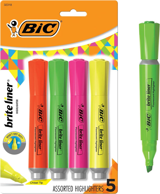 BIC Brite Liner Grip XL Highlighters - Assorted Colors, Chisel Tip, 4-Count Pack for Easy Organizing