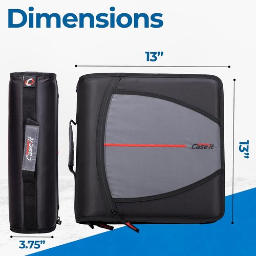 Case-it Mighty Zip Tab School Zipper Binder - 3-Inch O-Rings, 600-Sheet Capacity, 5-Subject Organizer | Jet Black