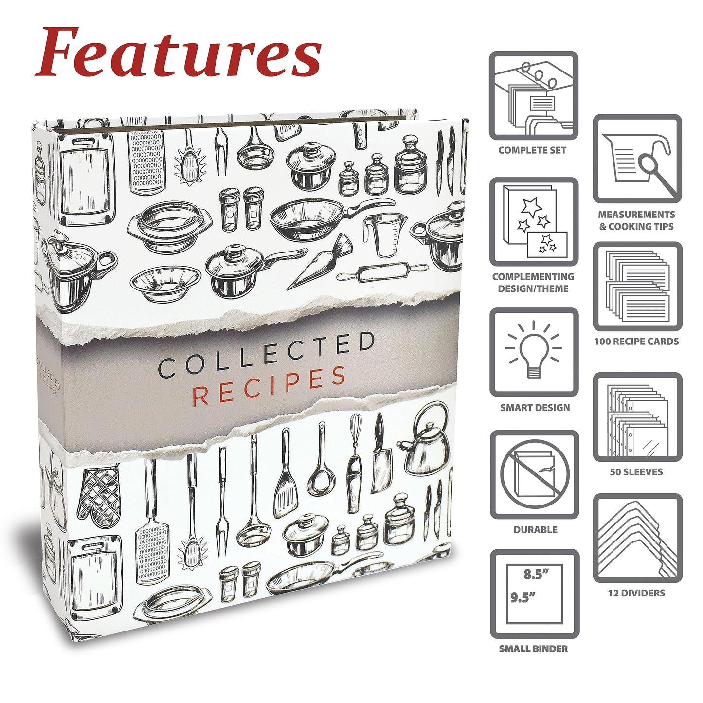 Better Kitchen Products Recipe Binder, 8.5" x 9.5" 3 Ring Binder Organizer Set (with 50 Page Protectors, 100 4" x 6" Recipe Cards & 12 Category Divider Tabs) Sleek Kitchen Design