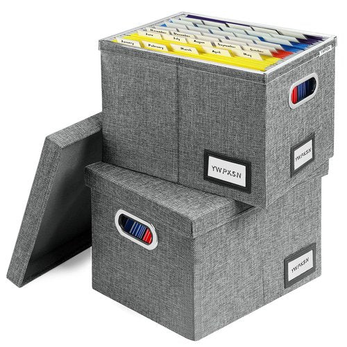 YWPXSN File Organizer Box with Lid - Hanging File Box with One-Piece Plastic Frame - Collapsible Decorative Document Storage Bins for Office Home (Dark Grey, 13.2x10.1x10.1in(2Pack))