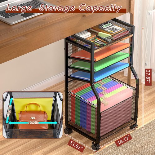 3IngSeagulls 5-Tier Rolling File Cart with Hanging File Folders, Mobile Desk File Organizer on Lockable Wheels, Wood & Mesh Paper Letter Sliding Trays Organization for Office, Home, School, Patent