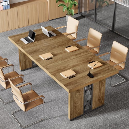 Tribesigns 6 ft Long Conference Table, 70.87" W x 31.5" D Office Conference Room Table with Strong Metal Legs, Rectangle Meeting Seminar Desk for Business Boardroom, Brown & Black