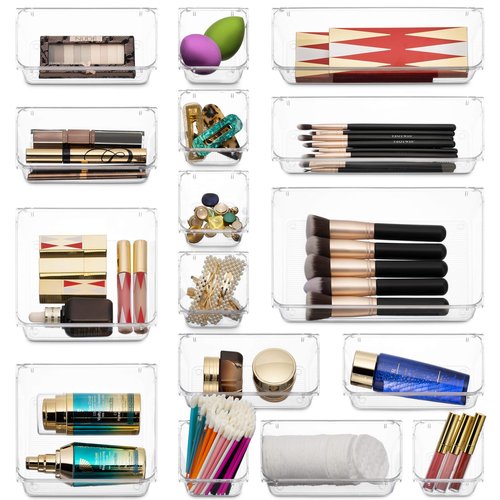 25 PCS Clear Plastic Drawer Organizers Set, 4-Size Versatile Bathroom and Vanity Drawer Organizer Trays, Storage Bins for Makeup, Bedroom, Kitchen Gadgets Utensils and Office Accessories