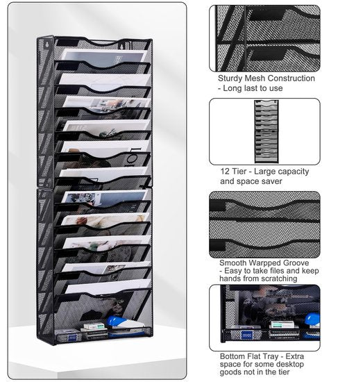 Solinxe 12-Tier Wall File Organizer, Mesh Mail Organizer Wall Mounted Paper Document Holder, Vertical Magazine Rack, Metal Hanging Clipboard Storage Basket for Office Home School Organization, Black