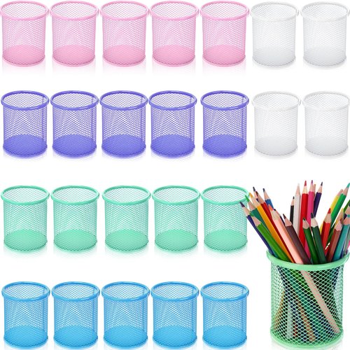 Sherr 24 Pcs Colored Mesh Pen Holder Pastel Metal Pencil Cup Holder for Desk Color Pen Cup Desk Organizer for Office School Makeup Brush Holders Supplies