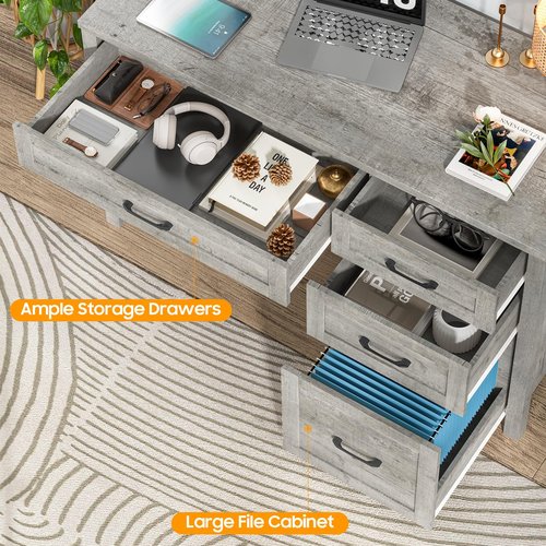 Farmhouse 47" Executive Desk, Computer Desk with File Drawer and Charging Station, Workstation for Home Office, Study（Grey）.