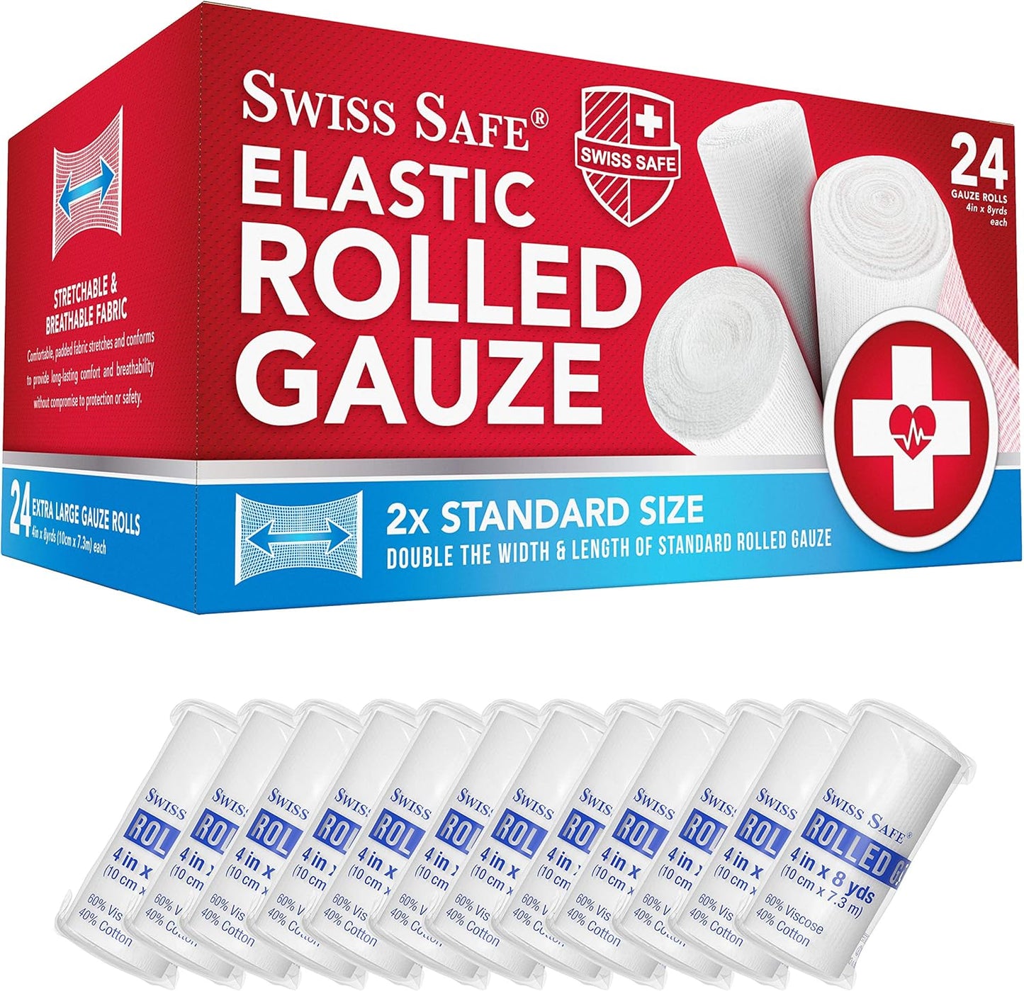 Swiss Safe Long Elastic Stretch Gauze Rolls - 4 Inch x 8 Yards | 24 Pack for Enhanced Wound Care