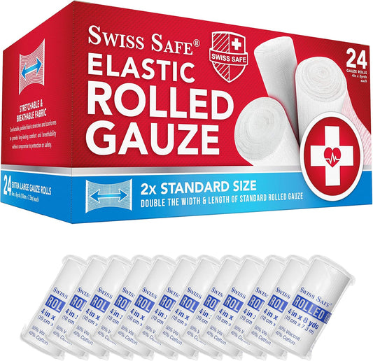 Swiss Safe Long Elastic Stretch Gauze Rolls - 4 Inch x 8 Yards | 24 Pack for Enhanced Wound Care