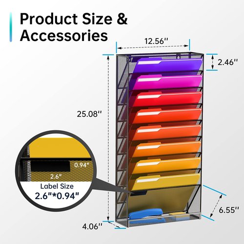 JMHUD 10 Tier Wall File Organizer, Hanging Wall Mount File Holder Paper Folder Mail Organizer, Mesh Metal, Black 2Pack