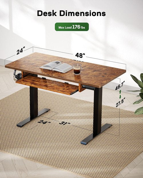 Marsail Standing Desk Adjustable Height with Extra Large Keyboard Tray, Electic 4 Memory Presets Cable Management 2 Storage Hooks, Sit Stand Up for Home Office, Rustic, 48Inch (TZESD14V)