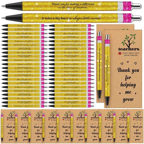 Sinload 60 Sets Teacher Pens Gifts Include Inspirational Quotes Glitter Ballpoint Pens with Thank You Card Writing Stationery Office Supplies Teacher Christmas Appreciation Gift