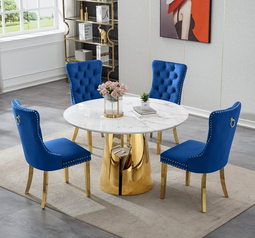 HomVent Round Faux Marble Dining Table and Chair Set for 4, 47.2'' White Circle Faux Marble Kitchen Table Set with Dining Chairs, Modern Round Table Set for Kitchen
