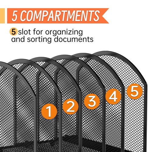 MINDEPOT 5-Section Desk File Organizer, Vertical Desktop File Holder Mail Sorter File Folder Holder Organization for Office School & Classroom (Black - 1Pack)