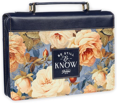 Christian Art Gifts Vegan Leather Bible Cover - Inspirational "Be Still & Know" Design, Large, Creamy White & Blue Floral