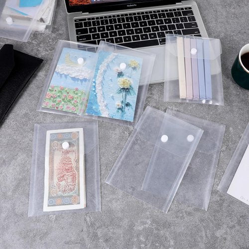 60Pcs Plastic Envelopes with Snap Closure, Waterproof Clear Envelope Pouch 6.7 x 4.7inch Envelope File Folder Reusable Stamp and Die Storage Pockets for Home Office