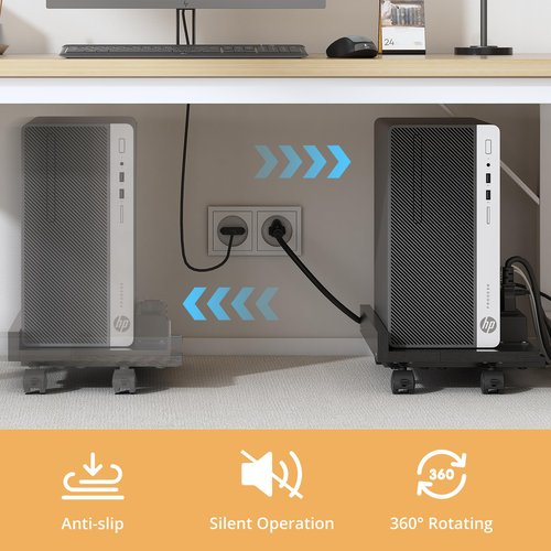 Adjustable PC Tower Stand With Power Strip, Wooden CPU Stand With Locking Casters, Rolling Computer Tower for Desktop, Adjustable Width, Durable Iron Frame for Home and Office
