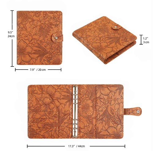 Patterned Leather Portfolio Binder 6 Ring, A5 Planner Portfolio for Women, Work Organizer Padfolio for Men, Brown