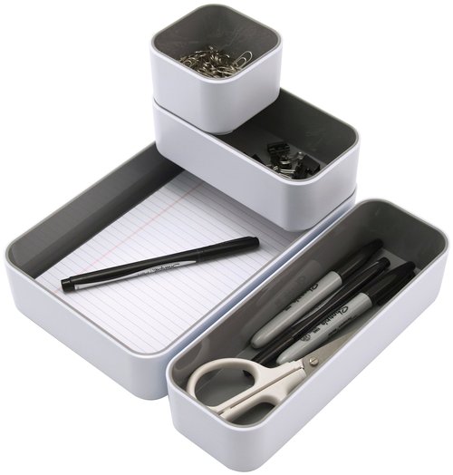 Advantus Fusion Stacking Bins, 4 Compartments, Plastic, 12.1 x 9.1 x 2.2, White/Gray, 4 Pieces