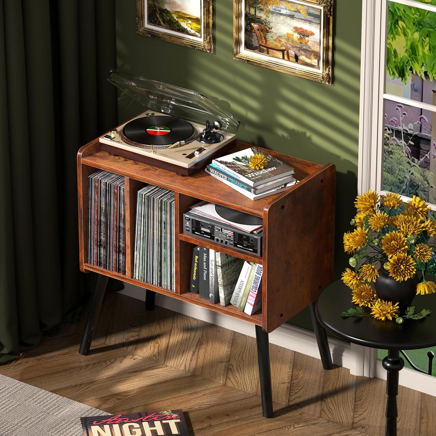 Skiennix Mid-Century Record Player Stand - Vinyl Storage for 150+ Albums | Adjustable Shelves, Brown