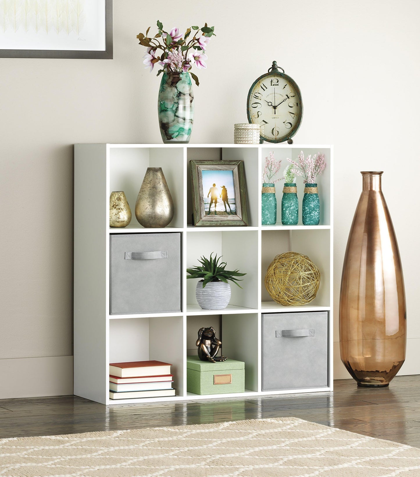 Whitmor 9 Cube Bookcase, 3 Tier Stackable MDF Bookself, Open Storage Display Organizer, Storage Cabinet for Living Room, Bedroom, Home, Office, 35.5" L x 11.7" W x 35.5" H, White