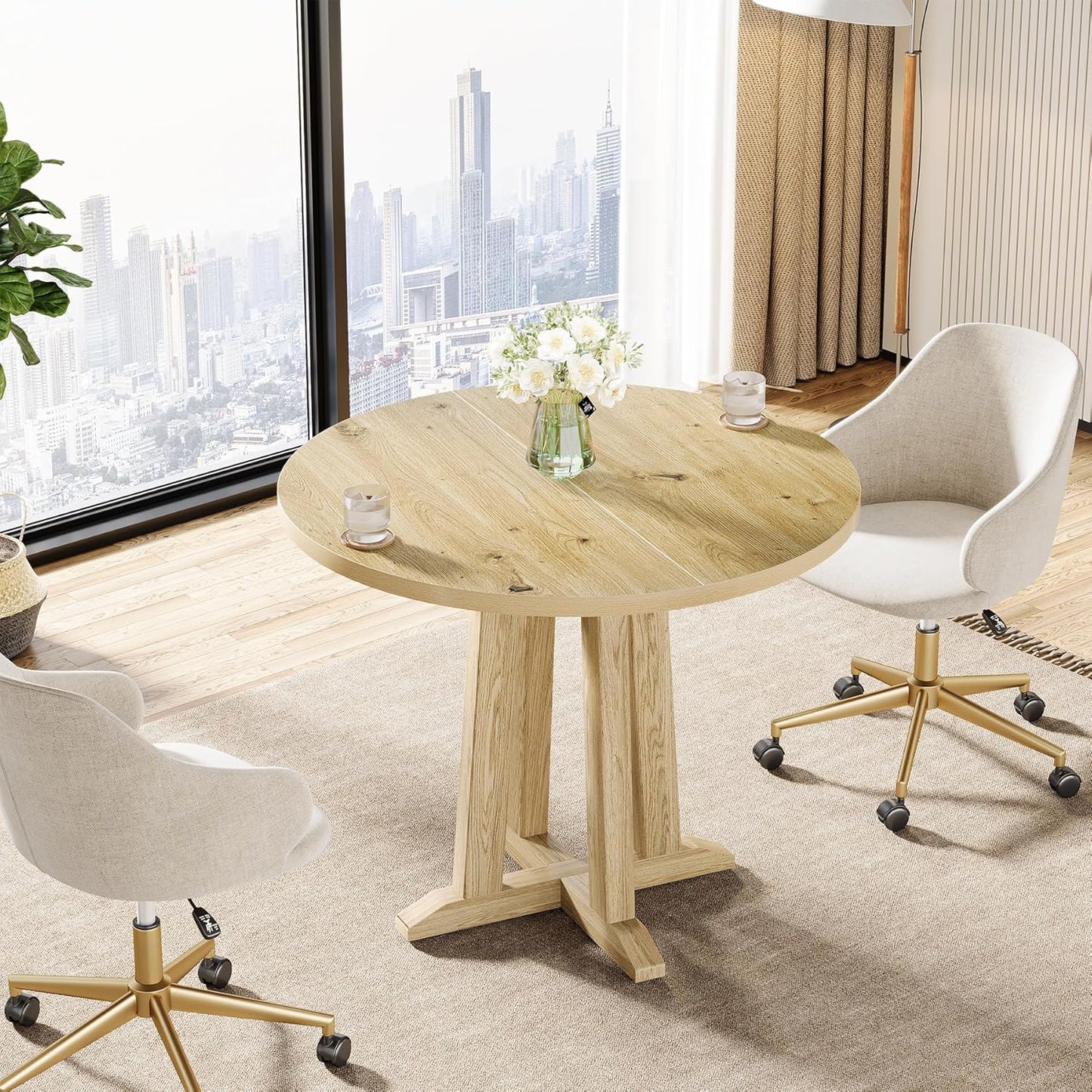 Tribesigns Round Conference Table - Sturdy 31.5" Meeting Table for 2-4 People | Natural Wood Finish