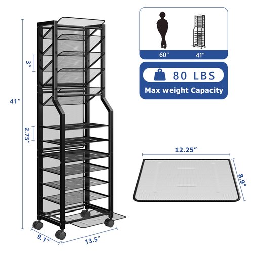 Simple Trending 12 Tier Rolling File Cart,Desk File Organizer with Sliding Trays and Wetal Mesh Paper Letter Storage Multi Functional Rolling Clutter Cart for Office, Home, School, Black