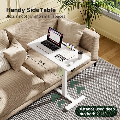 Gibbon Mounts Mobile Standing Desk, Pneumatic Adjustable Rolling Desk(31.5 Inches), Portable Laptop Desk with Wheels, Overbed Bedside Table Laptop Table for Couch, Home, Office, White