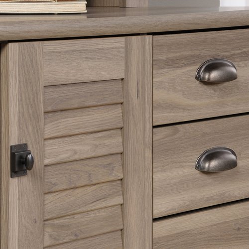 Sauder Harbor View Home Office Computer Desk with Hutch, Keyboard Tray, in Salt Oak finish