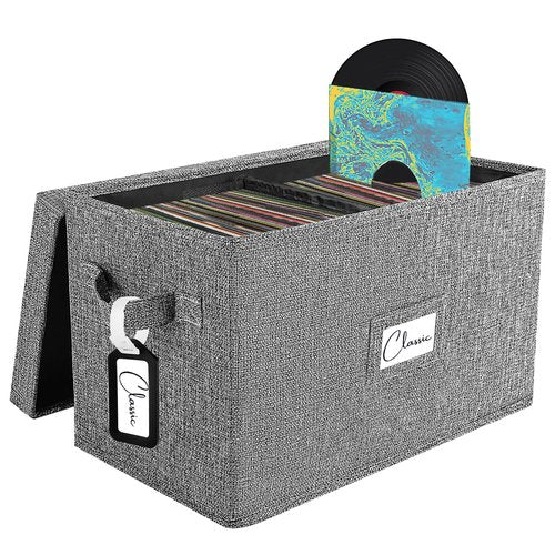 Vinyl Record Storage Box for 7"/45 RPM LPs, Grey Case with Lid Holds up to 80 Albums, CD Crate Play Music Collection Holder, Collapsible File Folder Cabinet Organizer with Handle
