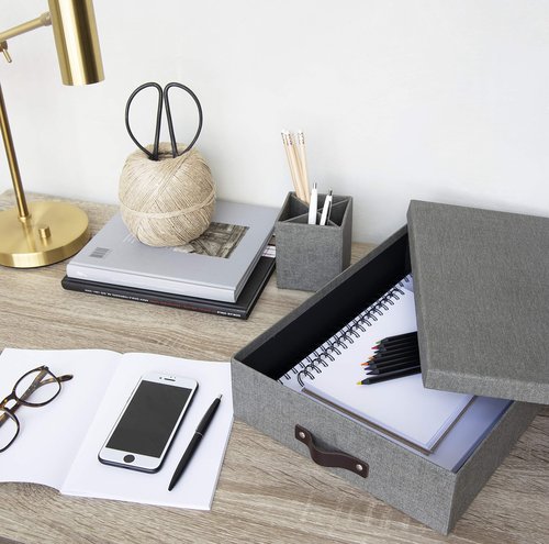 Bigso Oskar Canvas Fiberboard Document Letter Box - File Organizer Box for Important Paperwork - Document Storage with a Lid & Leather Handle - 3.3 in x 10.2 in x 13.8 in - Gray