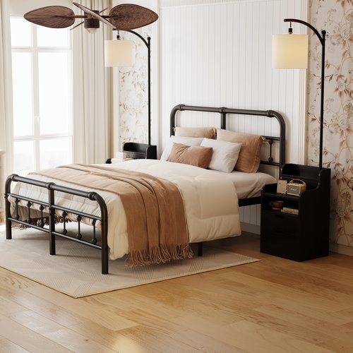 COTUBLR Floor Lamp with Table, End Table with Charging Station, Wooden Black Nightstand with 2 Drawers and LED Bulb, Modern Shelves Side Table for Bedroom Living Room Home Office