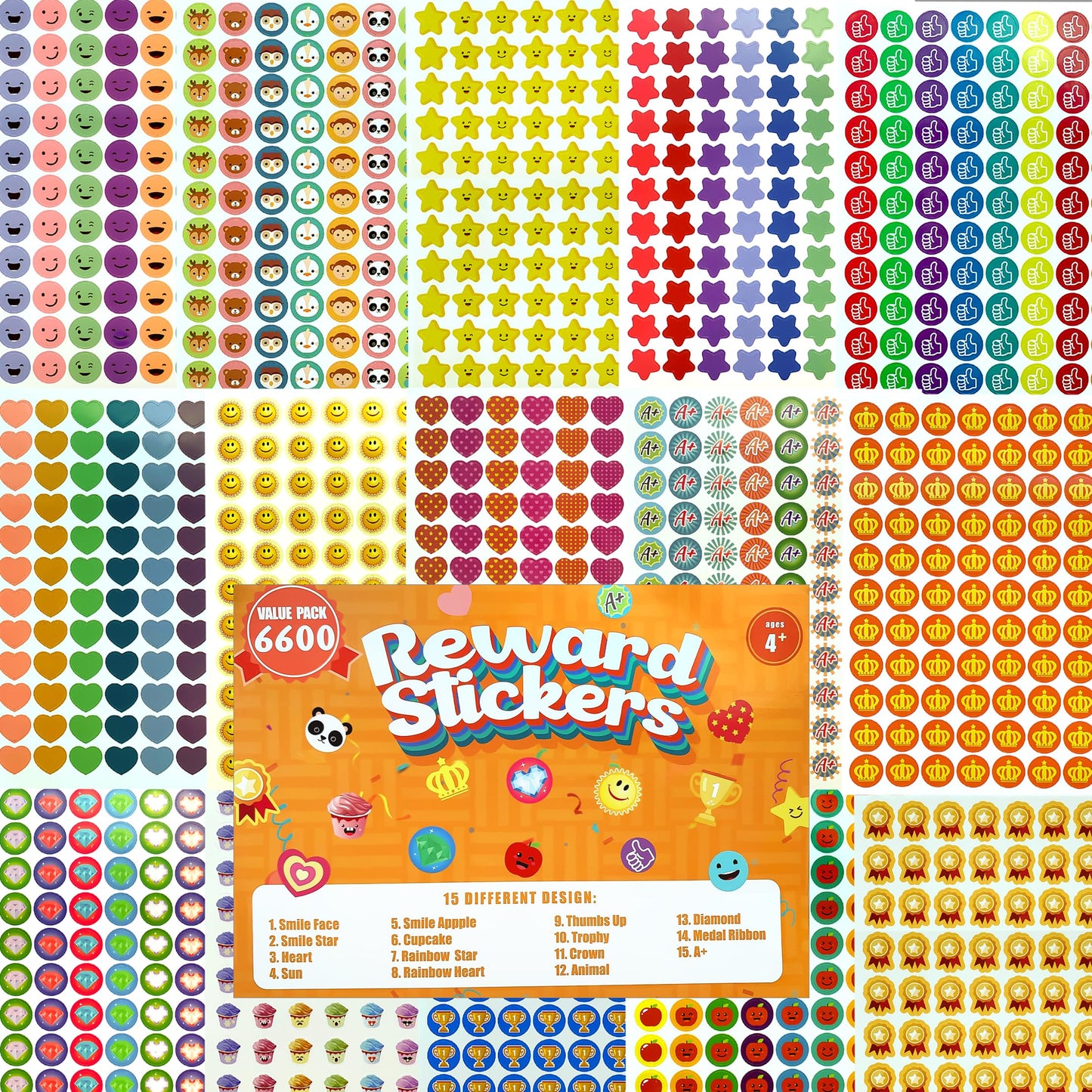 Student Reward Stickers，Teacher Essentials, Teacher Supplies，6600PCS Incentive Stickers，75 Sheets of 15 Different Incentive Stickers，Star Stickers, Star Shaped Stickers (Coloration-1)