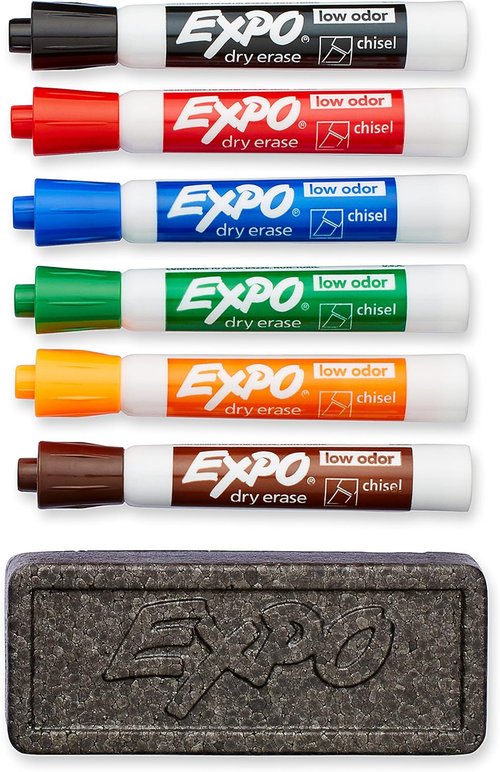 EXPO Low-Odor Dry Erase Markers Set - Chisel Tip, Assorted Colors, 7-Piece