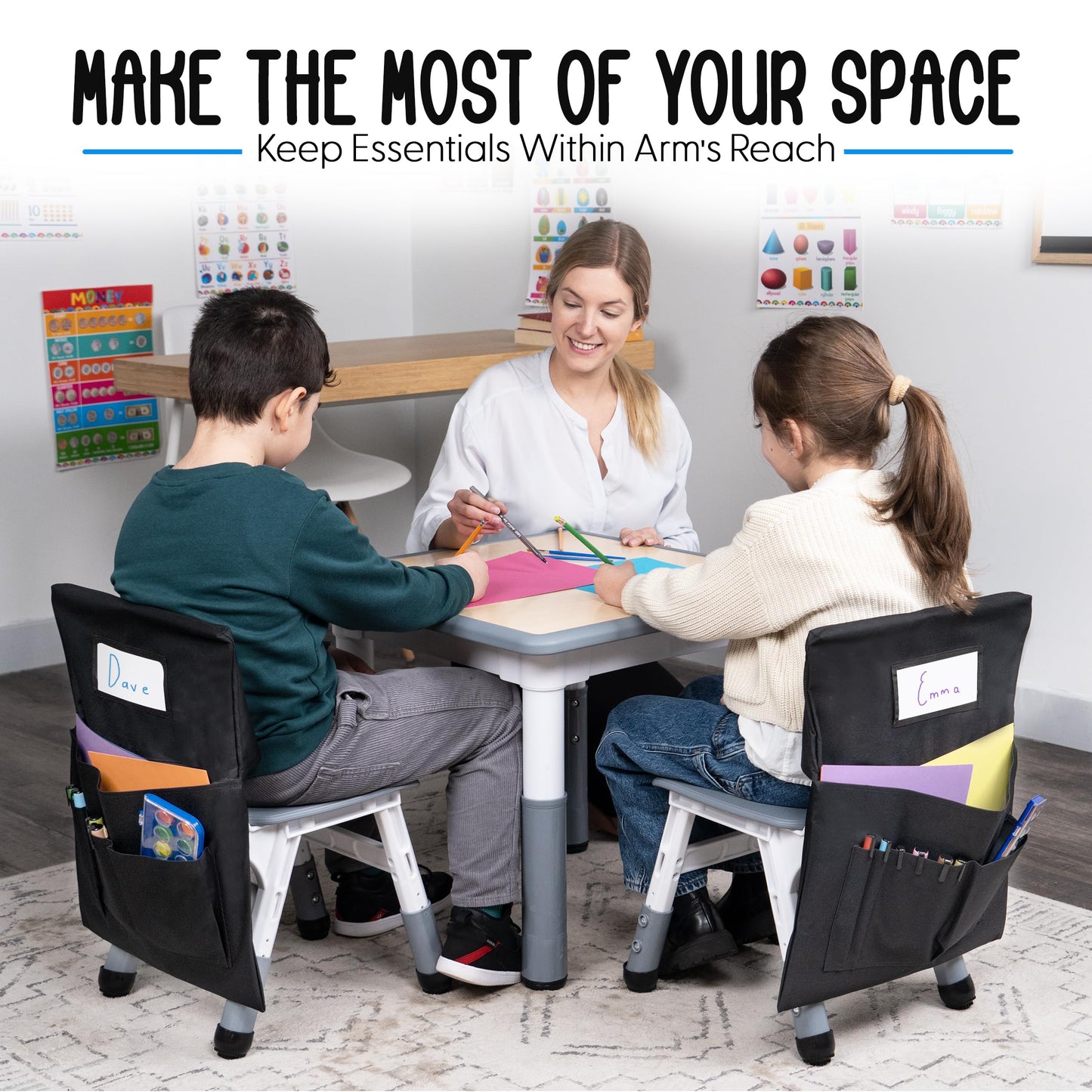 Essex Wares - Pack of 12 Chair Pockets for Classrooms Black 17" Wide x 19.7" Tall - Spacious Student Chair Pockets - Chairback Pocket Chart - Classroom Chair Pockets Suitable for Most Classroom Chairs
