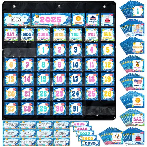 AmazingSpark Classroom Calendar Pocket Chart Set Ocean Calendar Bulletin Board Set with Pocket Seasons Festival Weather Chart for Classroom Decoration Back to School Supplies