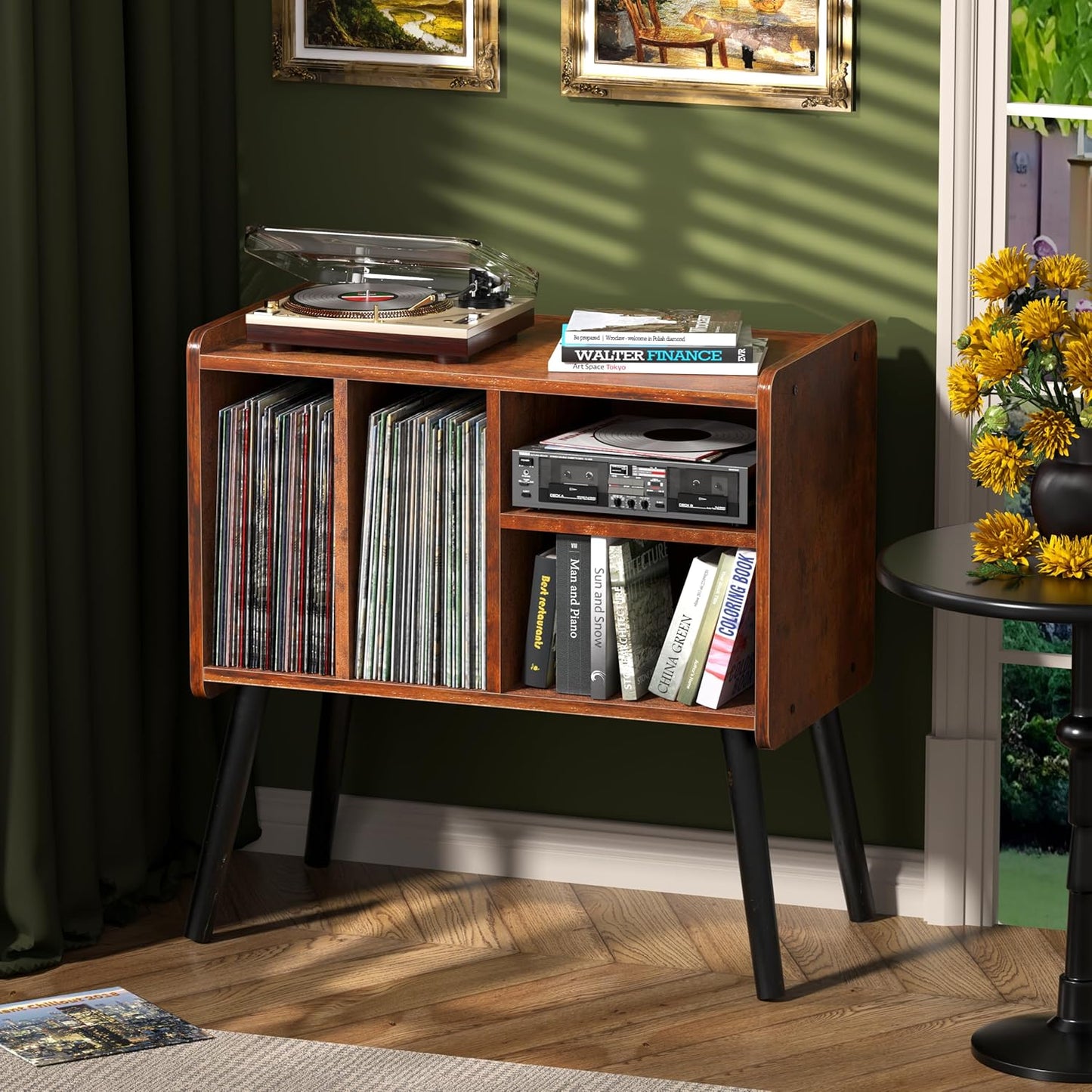 Skiennix Mid-Century Record Player Stand - Vinyl Storage for 150+ Albums | Adjustable Shelves, Brown