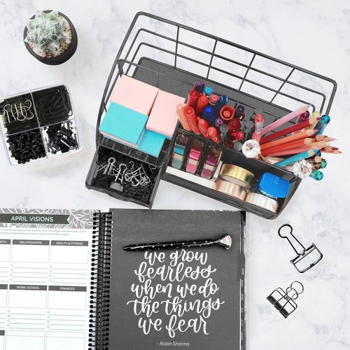 OFFICE ALMIGHTY Black Desk Organizer for Men: Exclusive Large 6 in 1 Mesh Shiny Metal Supplies Organizer with Pen Holders, Folder Holder & Accessories Drawer + BONUS 171 Clips Set w/a Plastic Box
