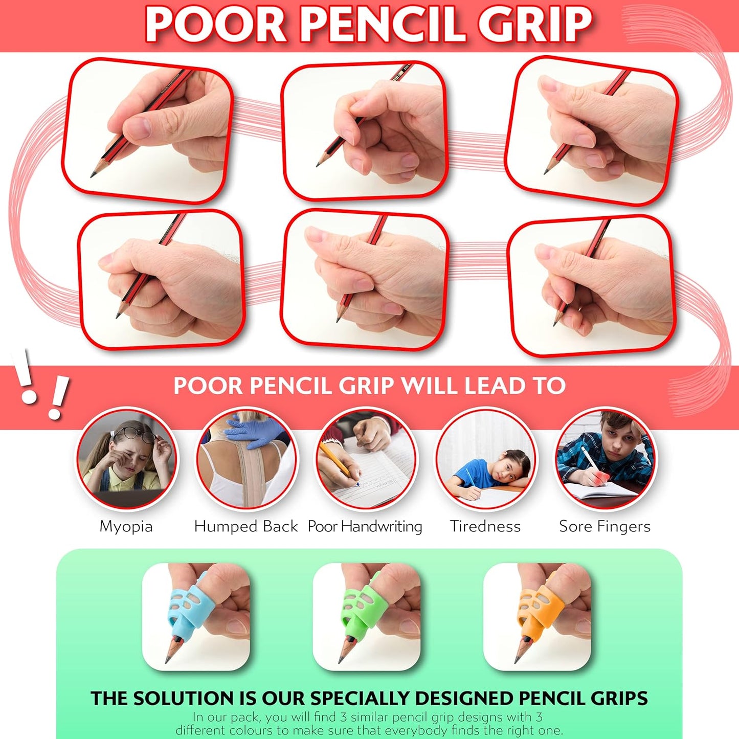 Stylo Pencil Grips for Kids - Ergonomic Handwriting Tools for Ages 2-5 | Left & Right Handed - 3 Pack