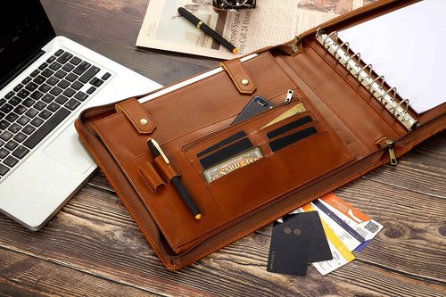 7-Ring Zippered Checkbook Binder for Business Checks - Premium Leather Portfolio Holds 600 Checks (9"x13") - Personalized Name/Logo for Men & Women