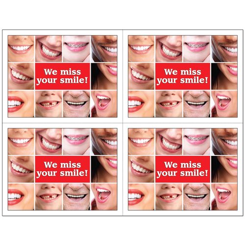 4 Up Dental Laser Appointment Reminder Postcards with Personalizable Backs. 4 Cards Micro Perforated for Tear-Off at 4.25" x 5.5" on an 8.5" x 11" Sheet of 8 Pt Card Stock. (500)