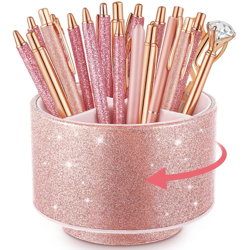 Epakh Pink Pencil Holder for Desk 360 Degree Rotating Bling Rose Gold Pen Organizer PU Leather Glitter Desk Accessories for Gift Women Office Classroom Home Bling Pink(Pen Not Included)