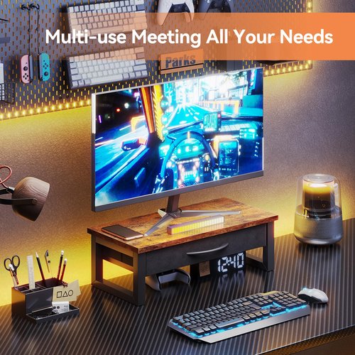 HEWORLIF Computer Monitor Stand Riser with Drawer, 2-Tier Desk Accessories & Workspace Organizers, Laptop Stand for Desk with Storage, Office Organization, Wood